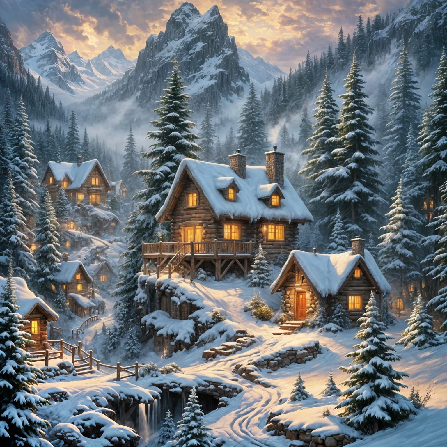 Winter Fairies Dance Near Mountain Cabin