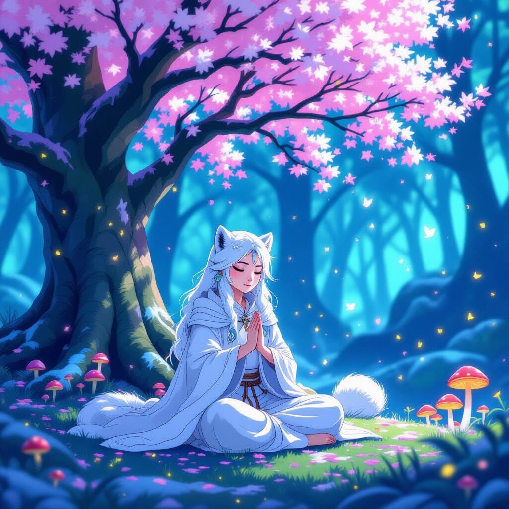 Snow Leopard Druid Meditating in Bioluminescent Forest