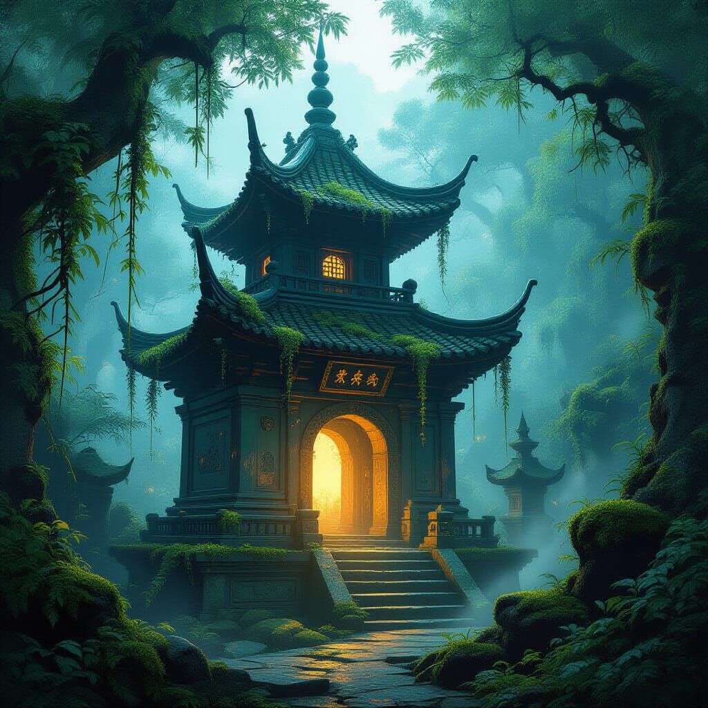 Ancient Glowing Pagoda in Lush Jungle