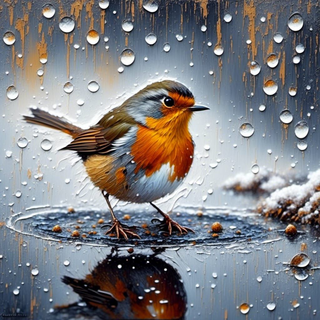 Robin in Icy Puddle: Grungy Oil Painting