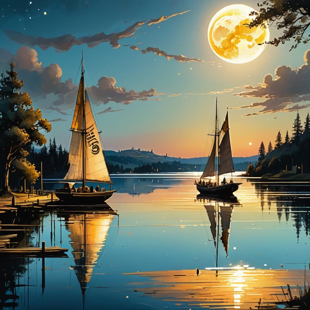 Golden Hour Lake Scene with Schooner and Massive Moon