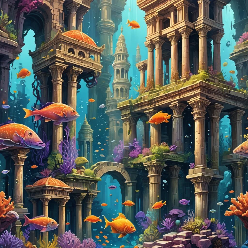 Submerged Metropolis: Atlantis Reclaimed in 3D Anime Art