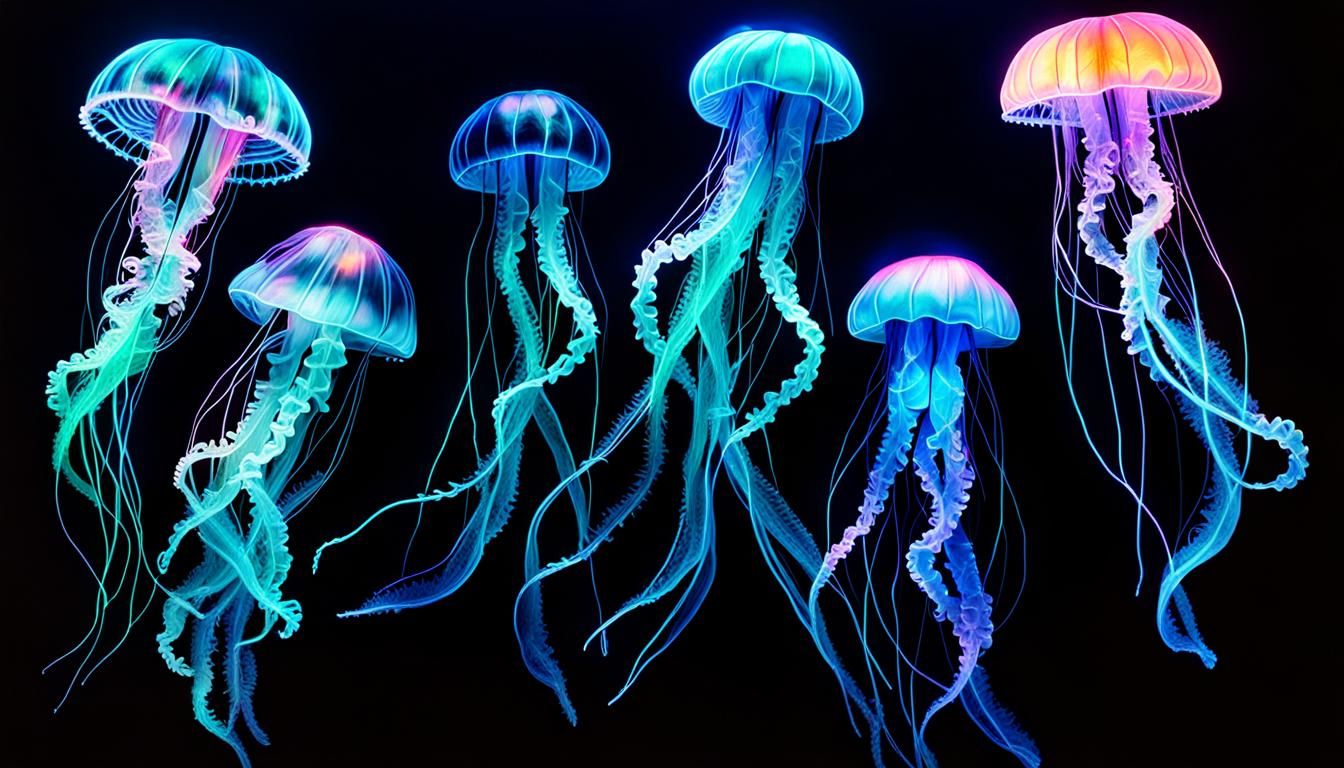 Bioluminescent Jellyfish in Holographic Neon Light