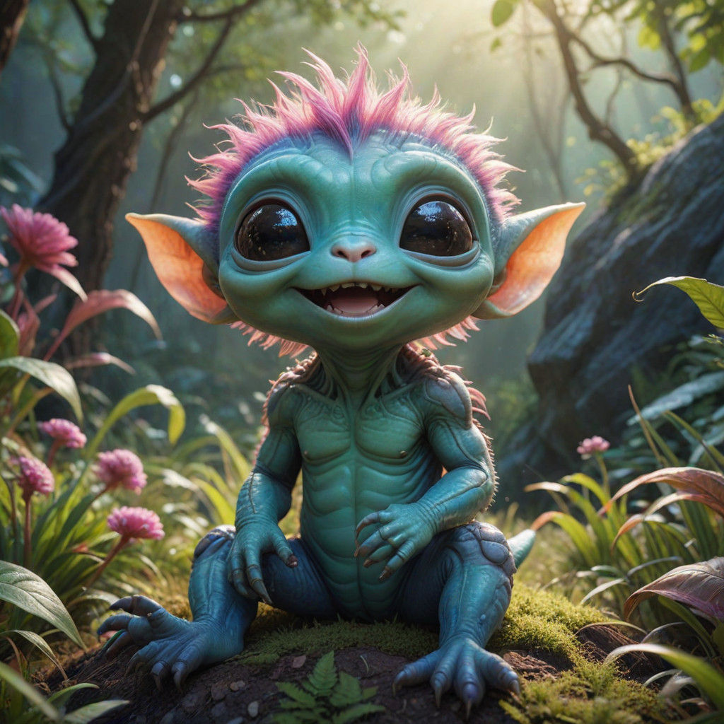 Cute Baby Alien in Whimsical Fantasy Landscape