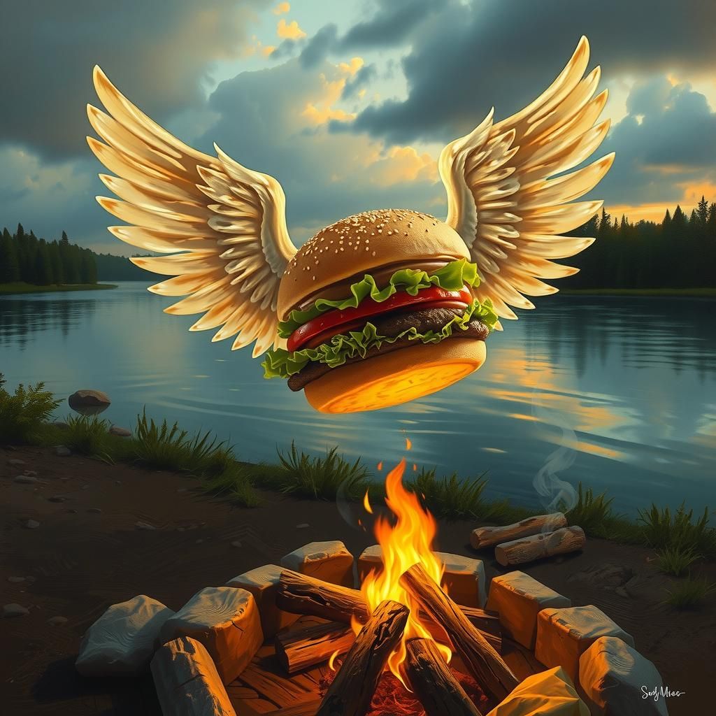 Surreal Burger King Ad: Winged Burger Oil Painting