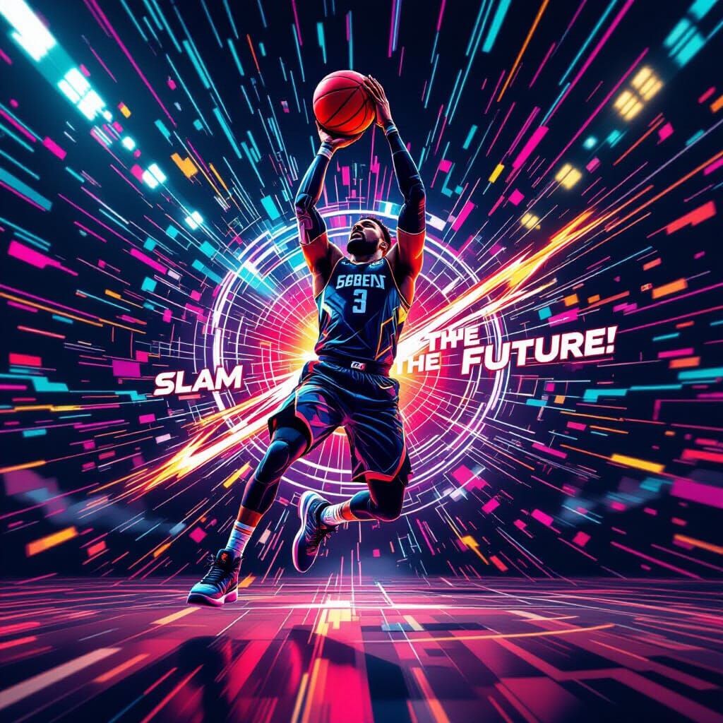 Basketball Player Shooting Fiery Ball in Digital Arena