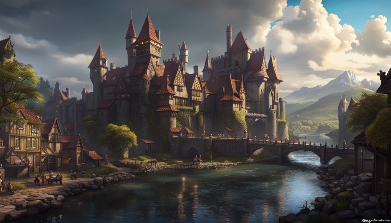 Dark Fantasy Castle and Adventurers, Art Nouveau Style