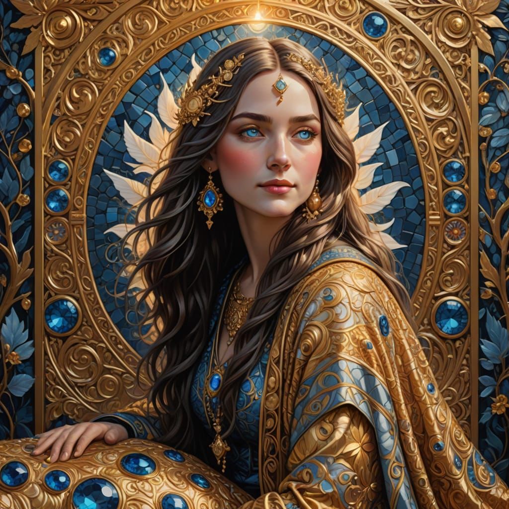 Mystical Woman in Gold Quilt with Gemstone Tablets