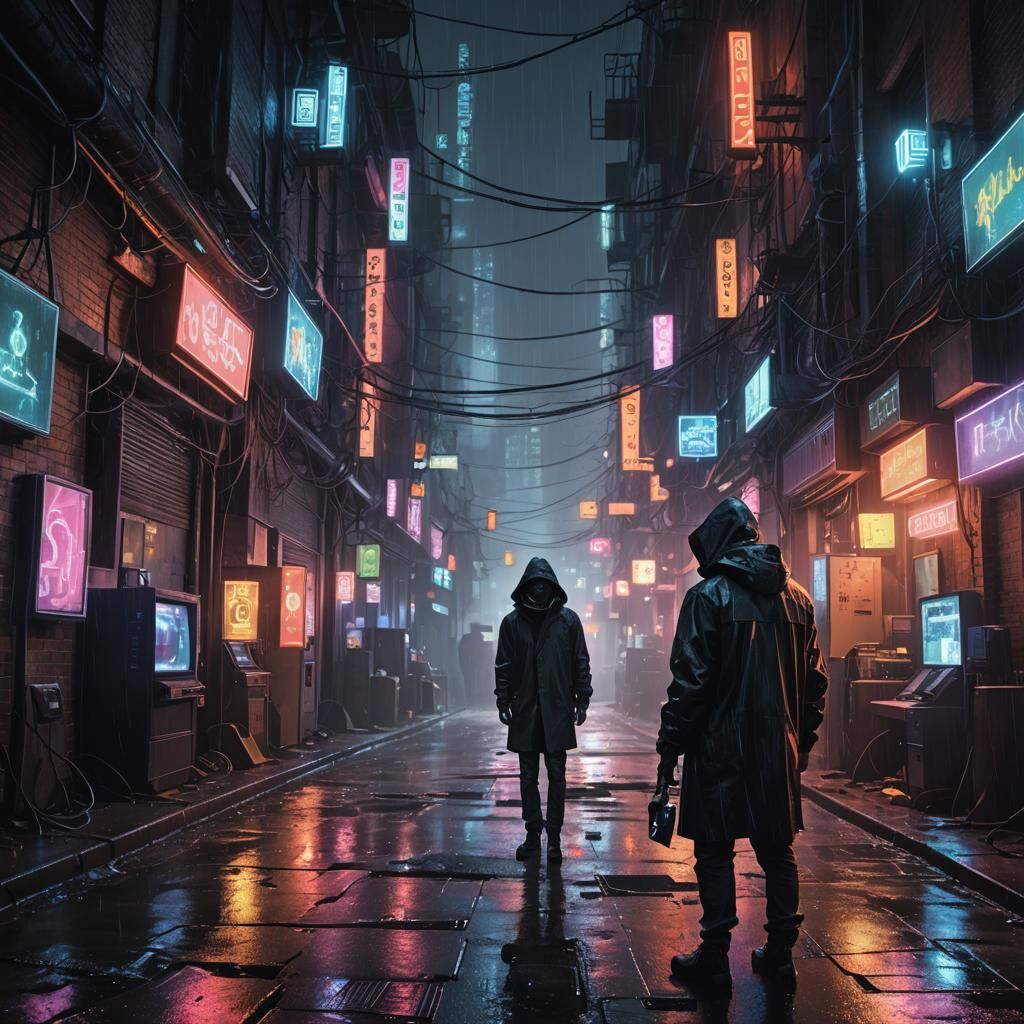 Neon Noir Hacker in Cyberpunk Alleyway