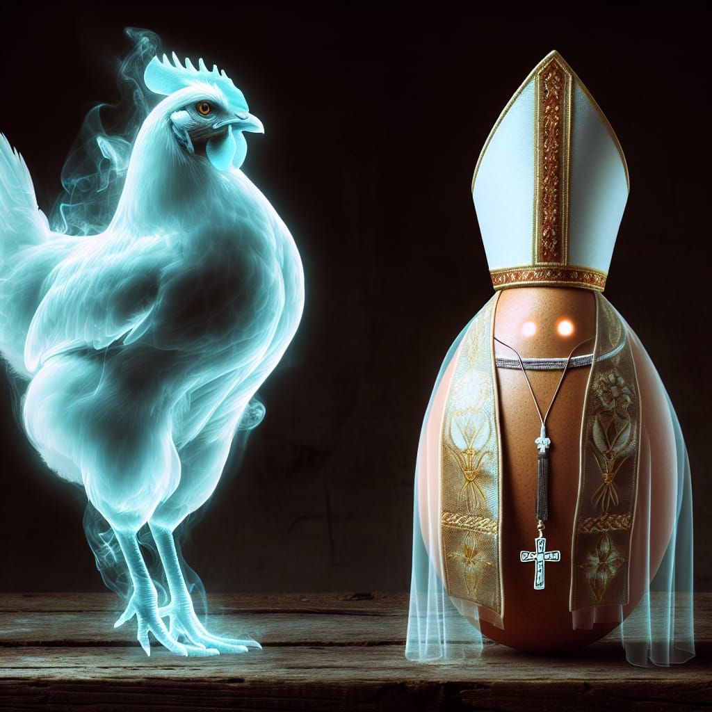 Ghostly Chicken Meets Eccentric Egg in Bizarre Ritual Scene