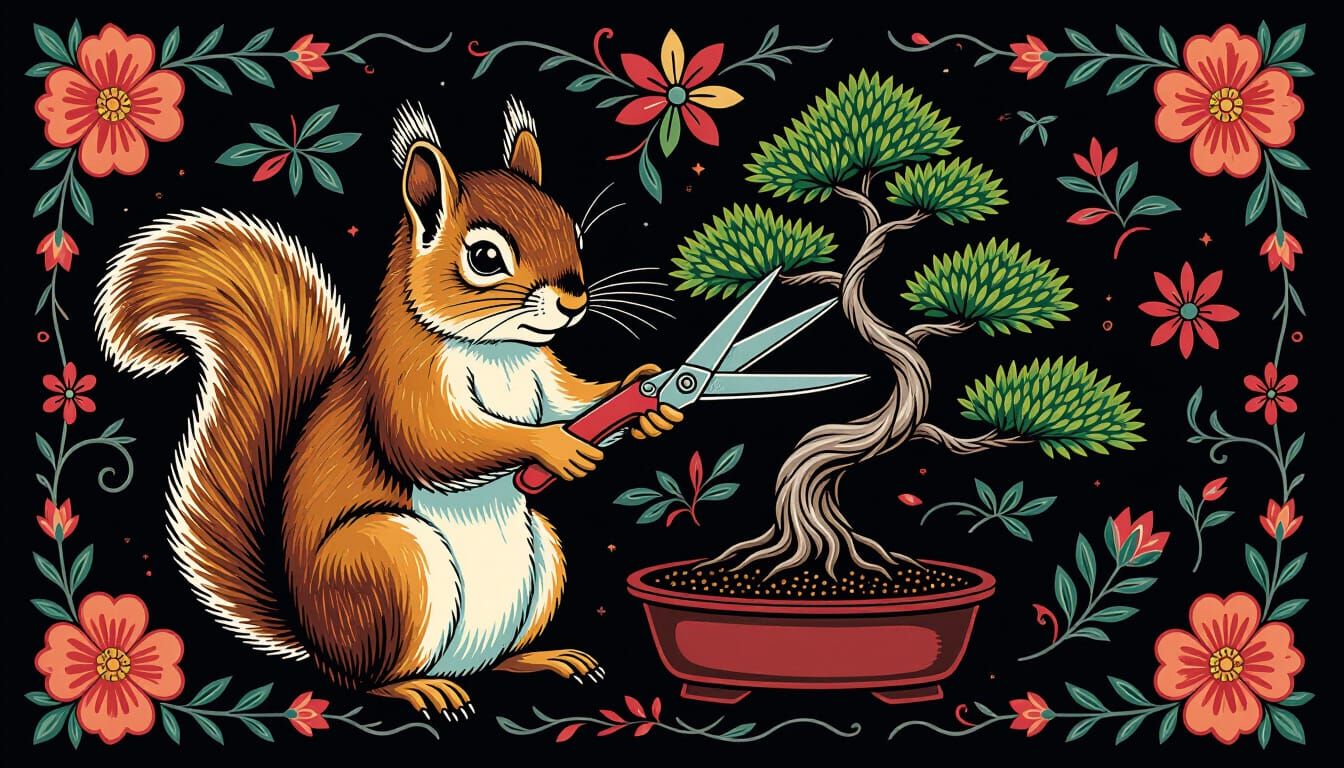 Squirrel Trims Bonsai Tree in Vibrant Neon Art Style
