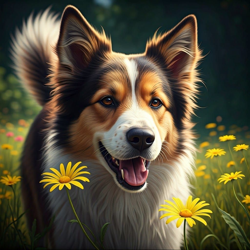 Dog's Joyful Discovery: A Daisy in Sunlight