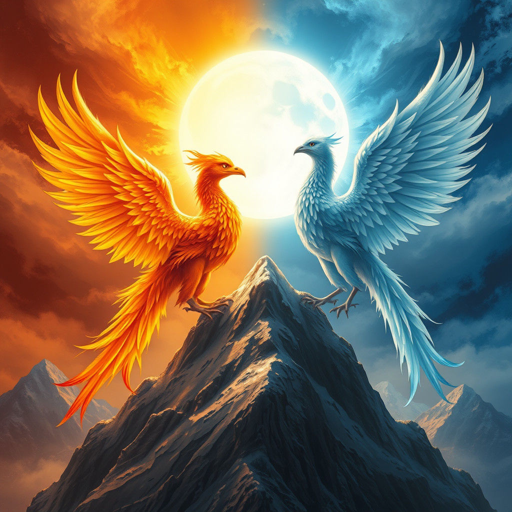 Fiery Phoenix and Icy Phoenix Over Mountain Peak