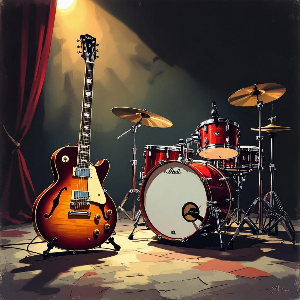 Vintage Guitar and Drums in Dramatic Expressionist Style