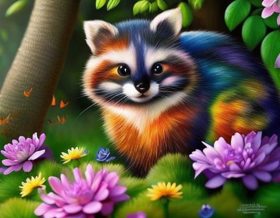 Whimsical Portrait of a Baby Raccoon in Garden
