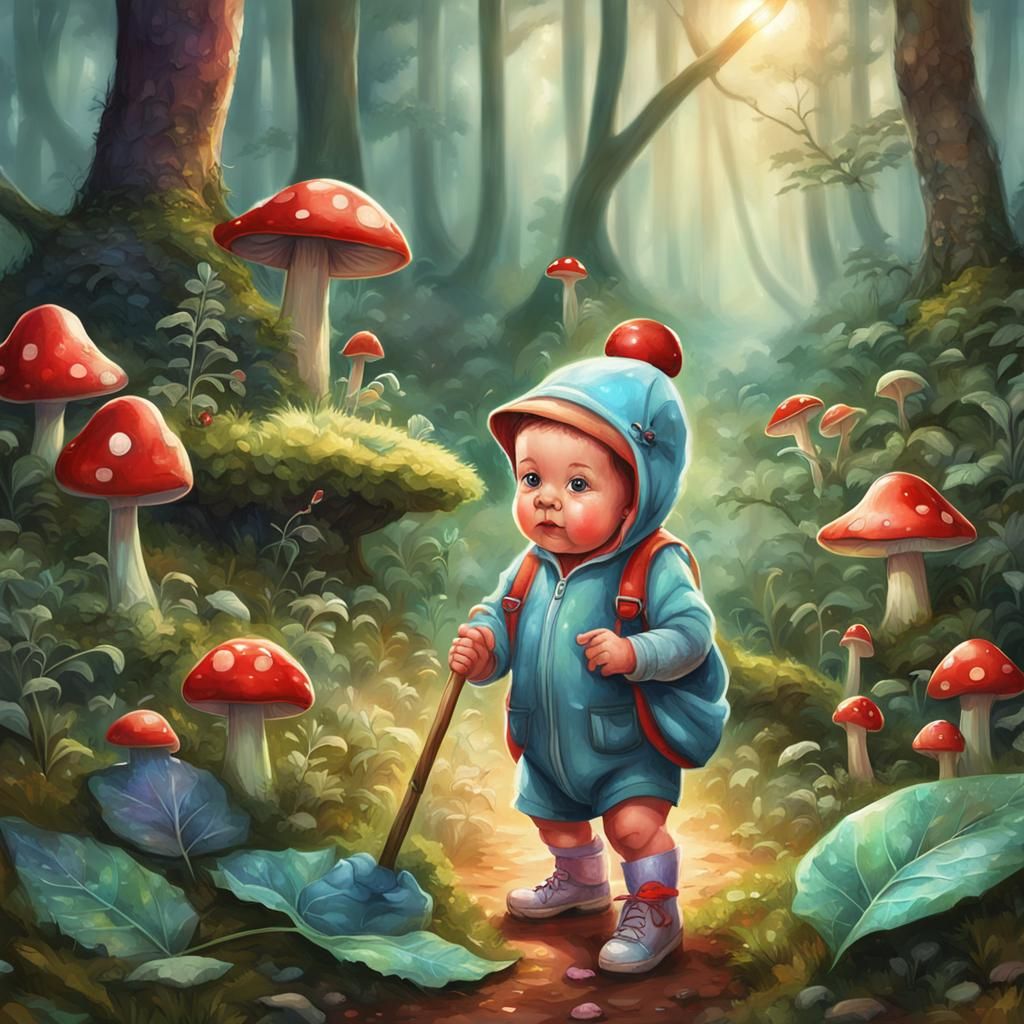 Baby Girl in Magic Forest, Cosmic Illustration