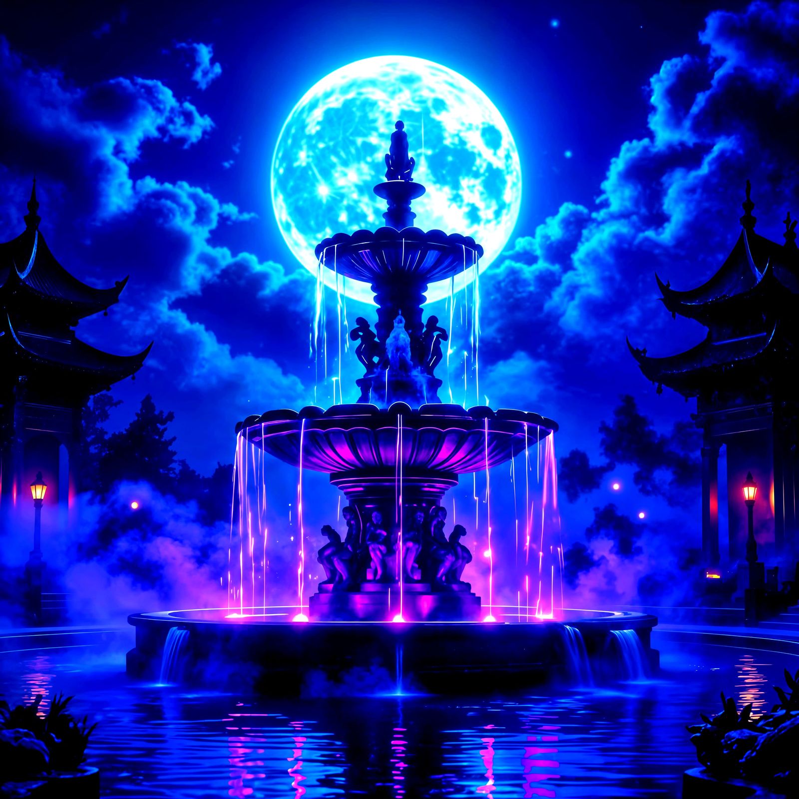 Neon Fountain Under Full Moon in Dark Fantasy Style