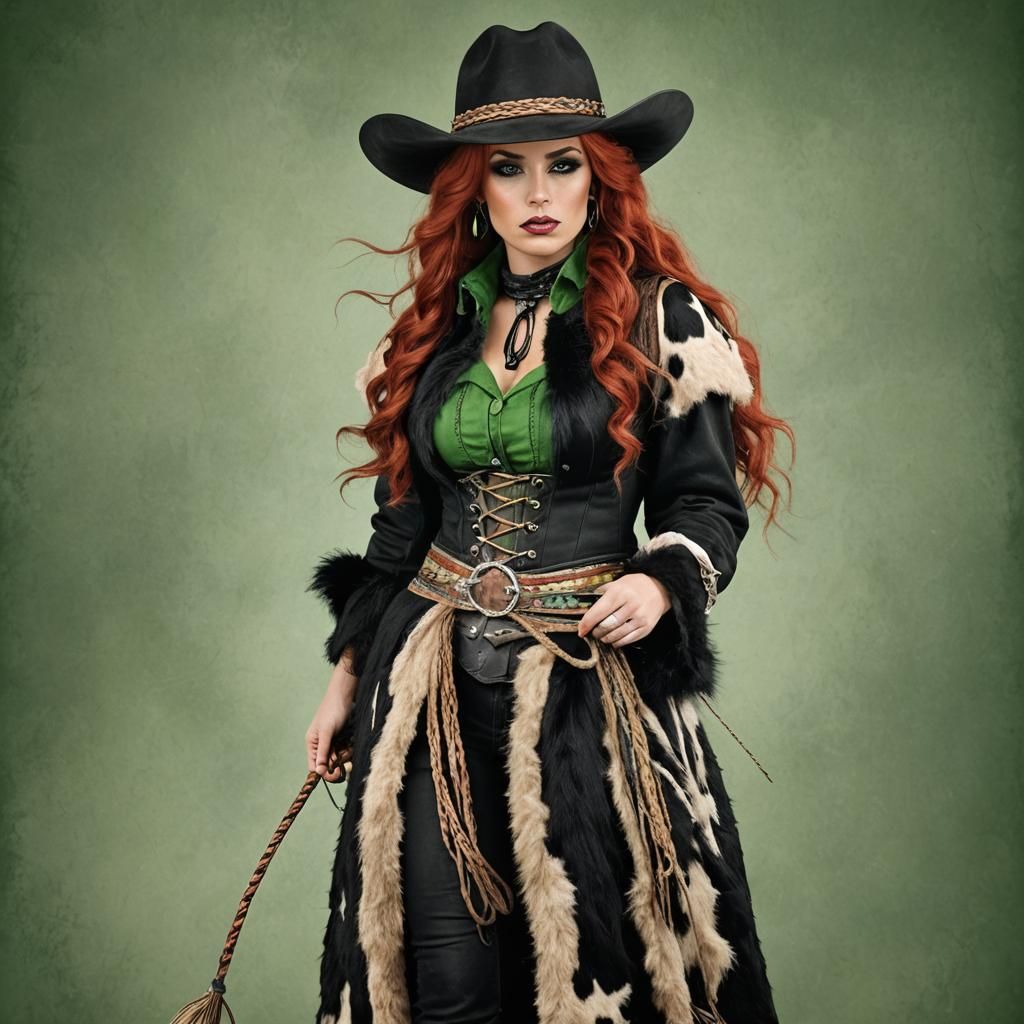 Young Cowgirl with Lasso in Furry Coat