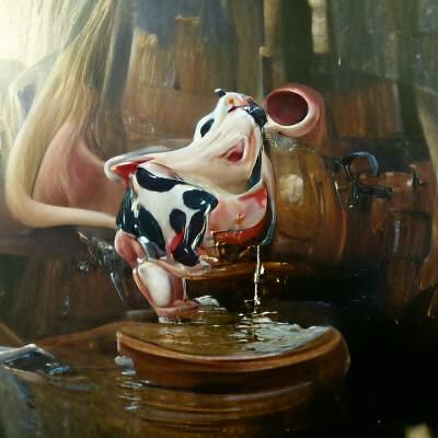 Laughing Cow Drinking Milk: Oil Painting