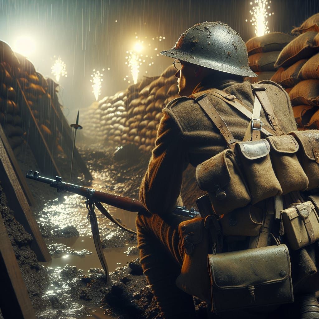 British Soldier in WWI Trench with Explosions