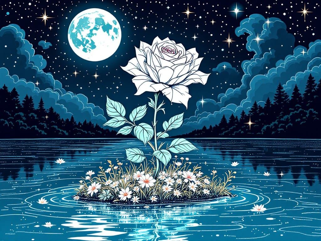 Whimsical White Rose Blooms on Starry Lake Isle in Cyberpunk...