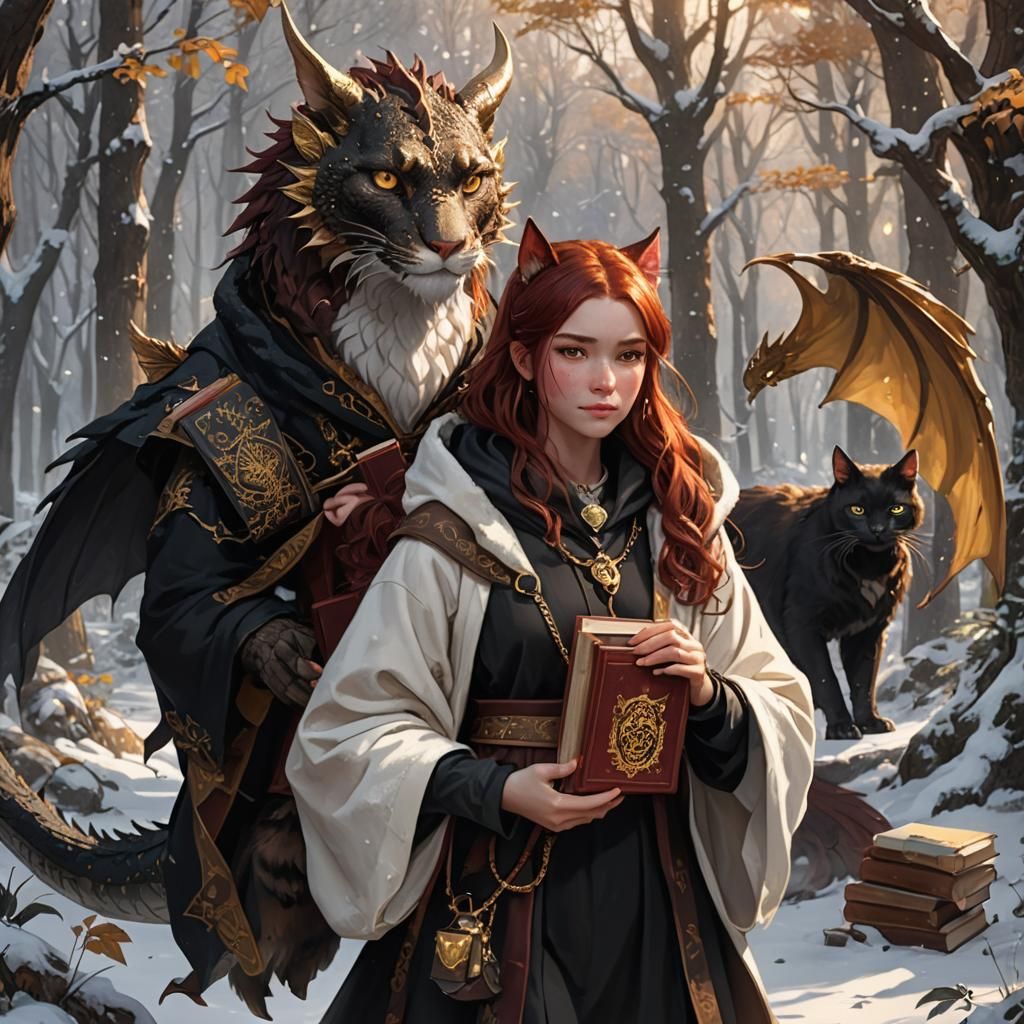 Fantasy Girl with Dragon in Snowy Forest