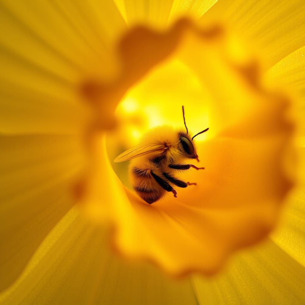 Tiny Bee in Daffodil Bloom, Golden Light and Soft Textures