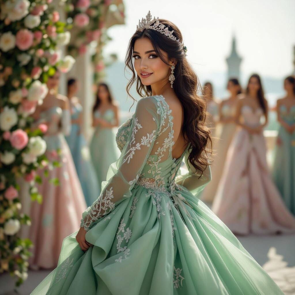 Fairy Admiring Wedding Dresses in Fantasy Green Outfit