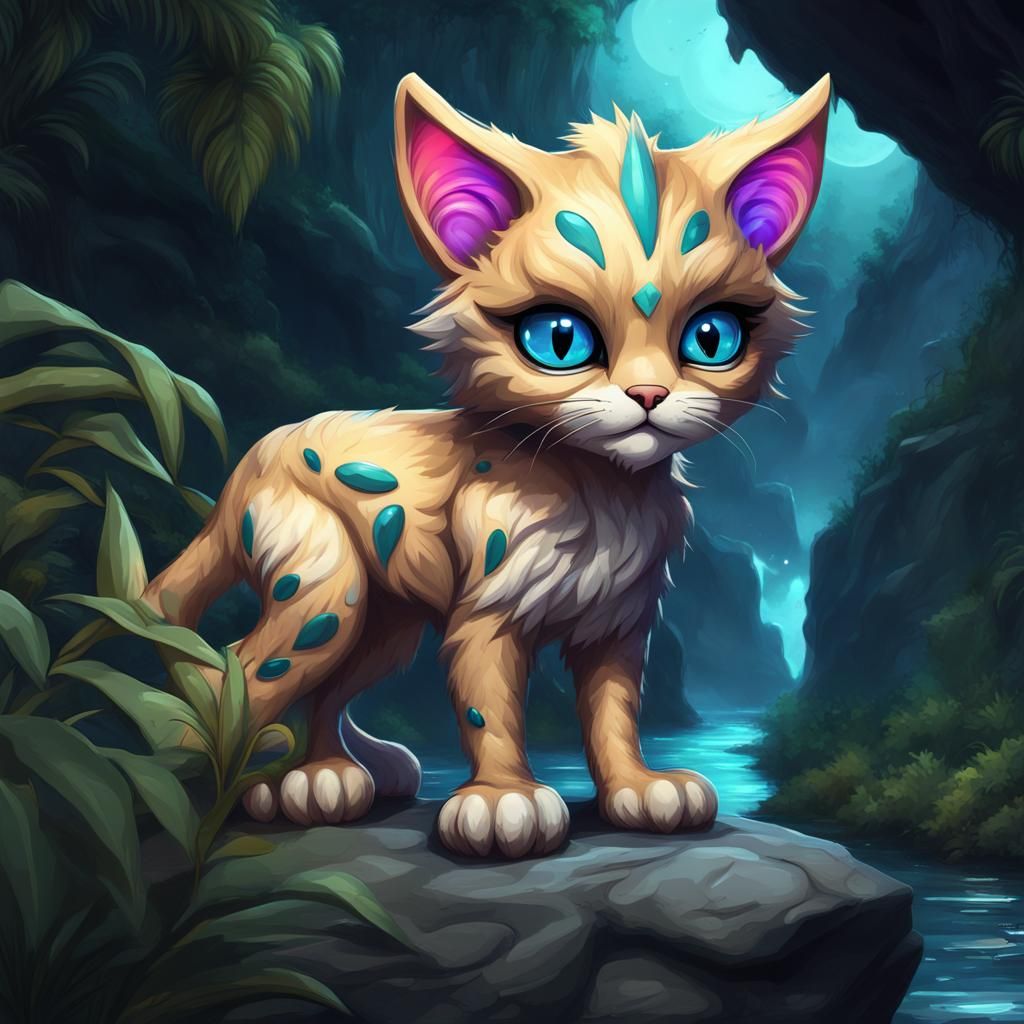 Chibi Alien Cat in Fantasy Jungle