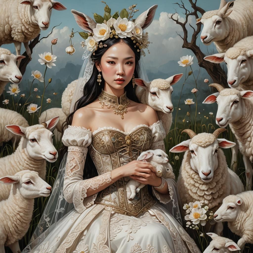 Surreal Woman with Lamb in Field: Digital Art