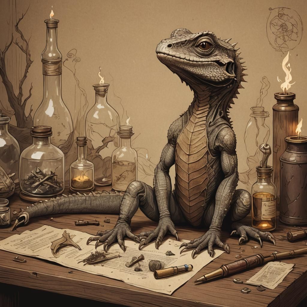 Rootwalla Lizard Surrounded by Fantasy Artifacts