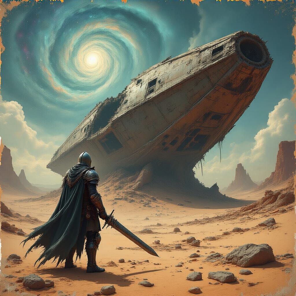 Knight Before Ancient Spaceship Wreckage in Alien Desert