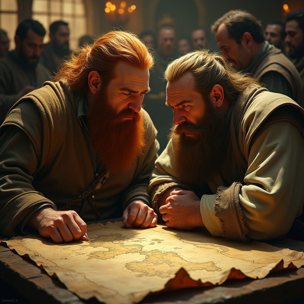Two Stout Dwarves Conspire in a Dimly Lit Tavern