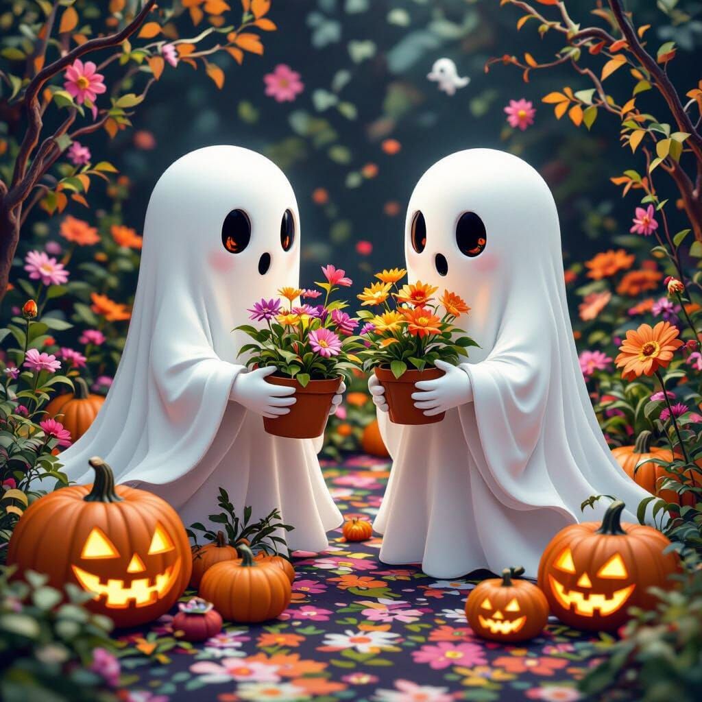 Ghosts Plant Swap in Anime Style with Floral Background