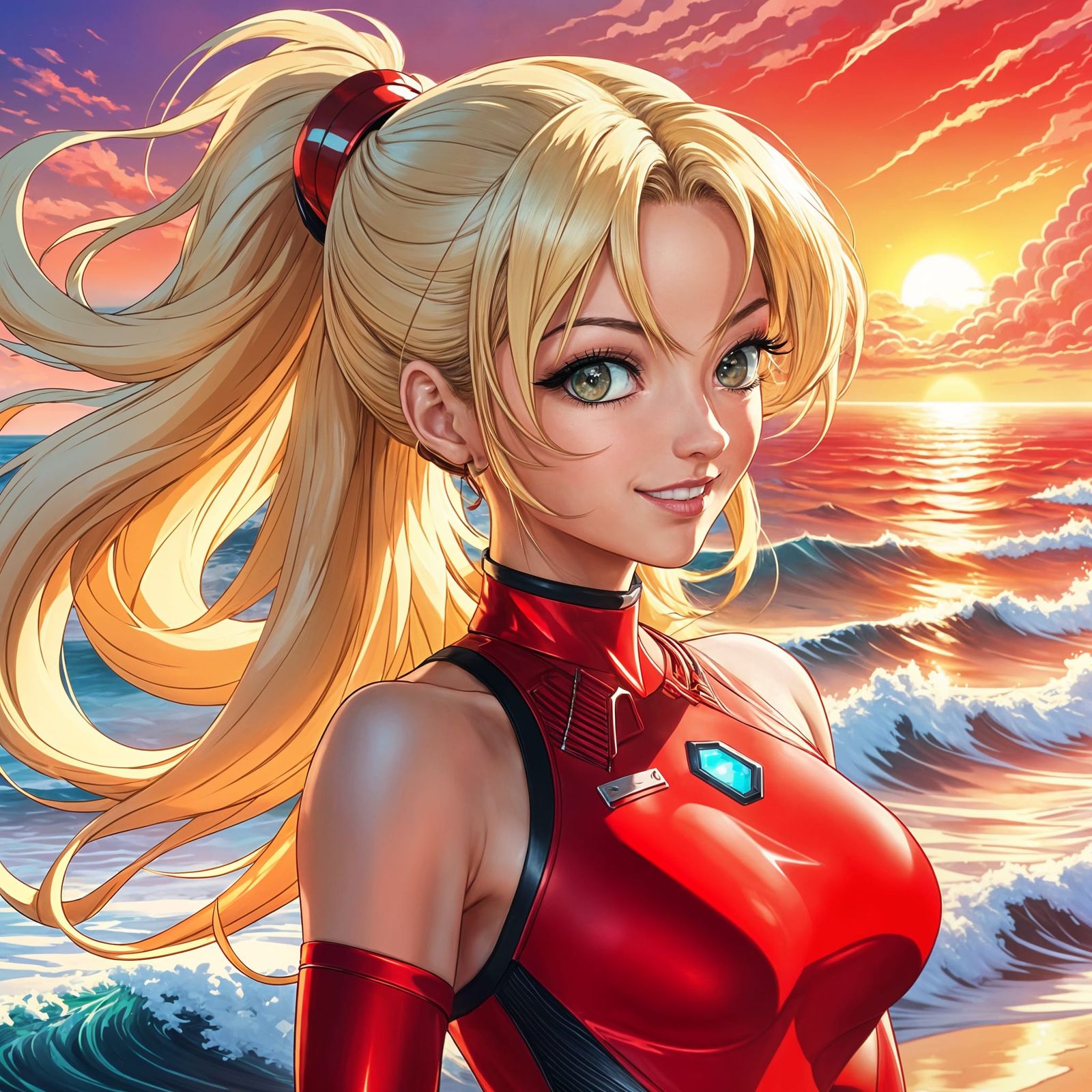 Beautiful Blonde Woman on Alien Beach, Anime Style