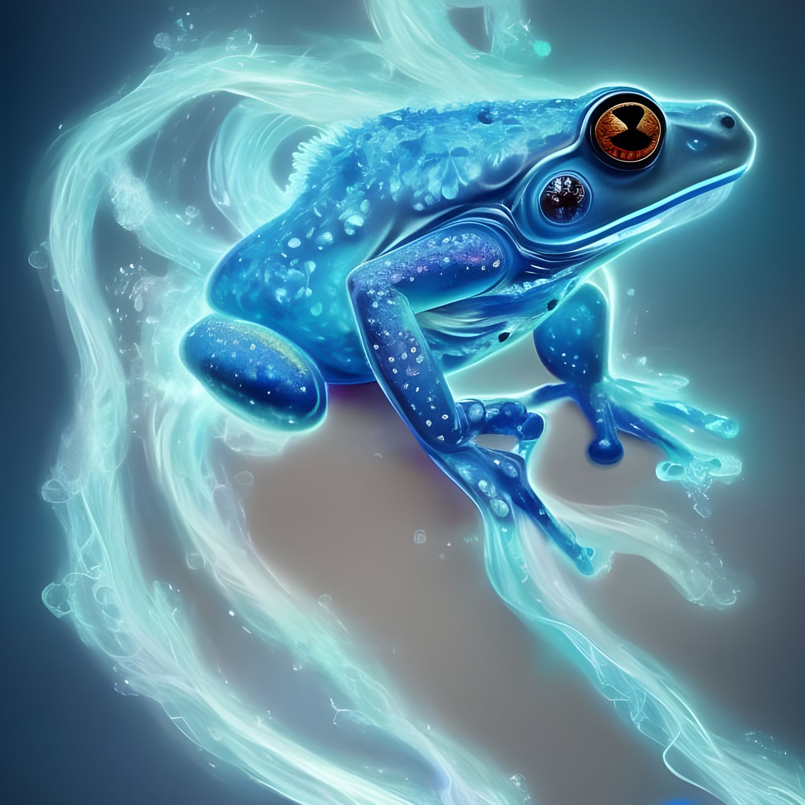 Cyan Fire Frog in Surrealist Style
