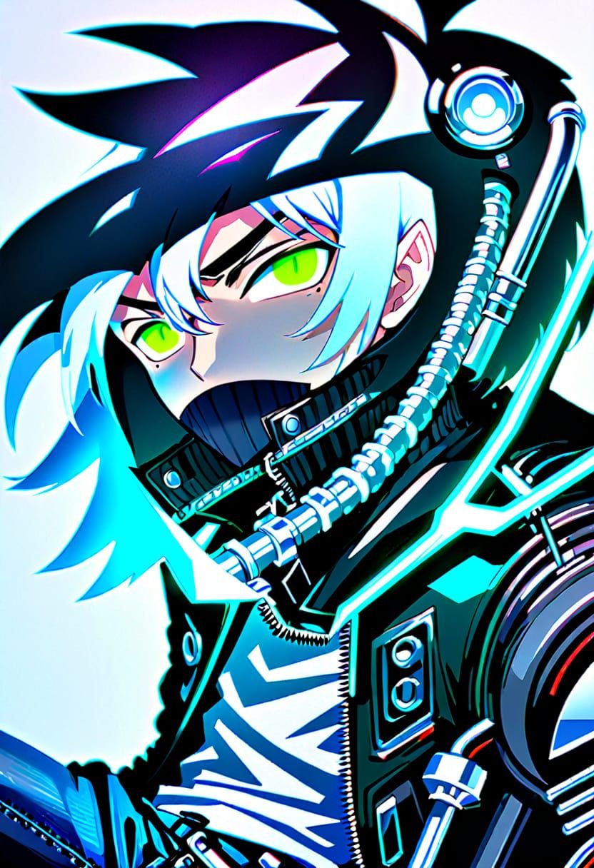 Anime Boy Cruises Futuristic Motorcycle in White