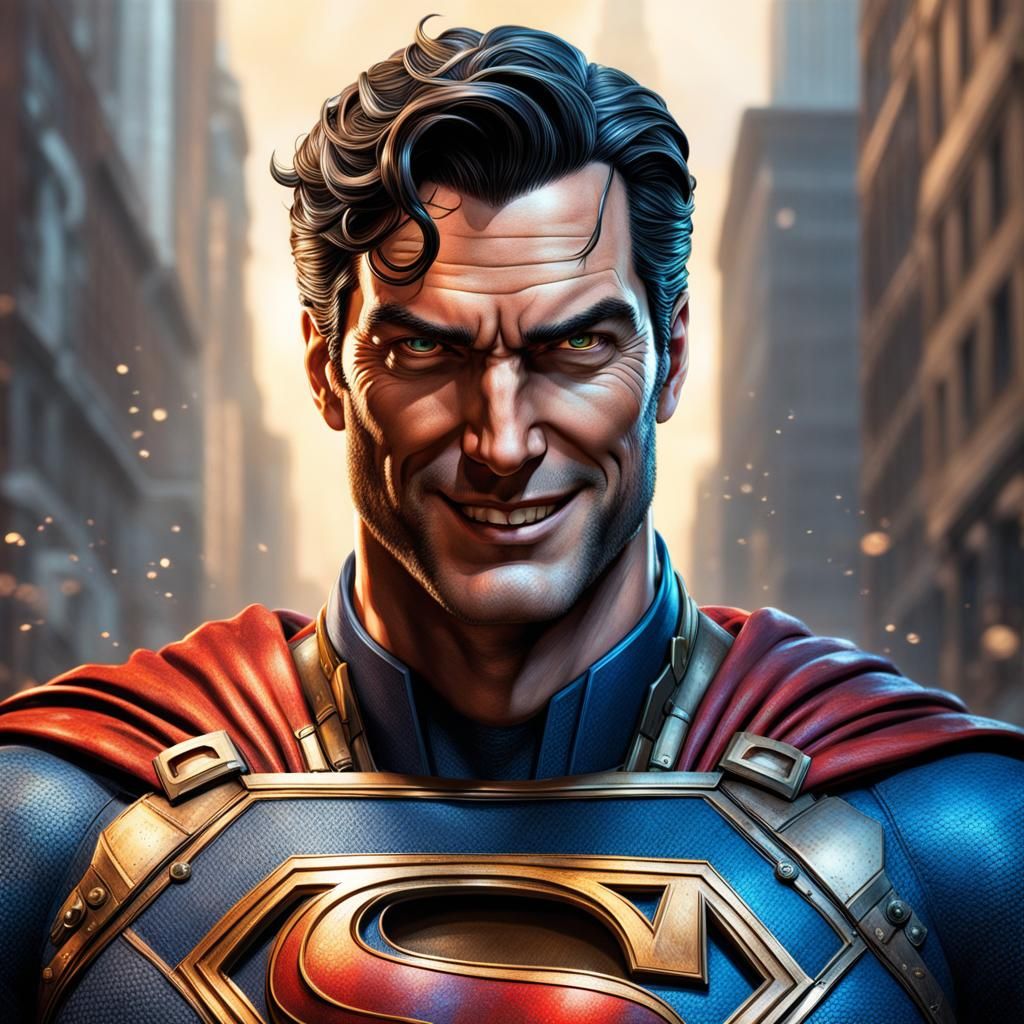 Steampunk Superman Smiling in Hyperrealistic Style