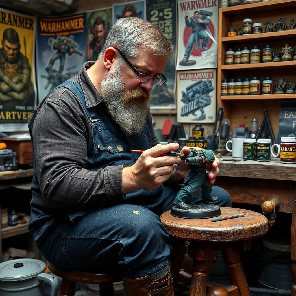 Hyperrealistic Miniature Painter in Cluttered Warhammer Work...