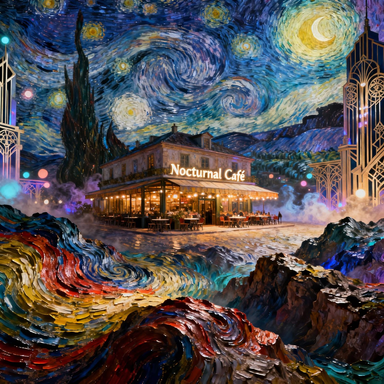 Nocturnal Café in a Van Gogh Inspired Fantastical World