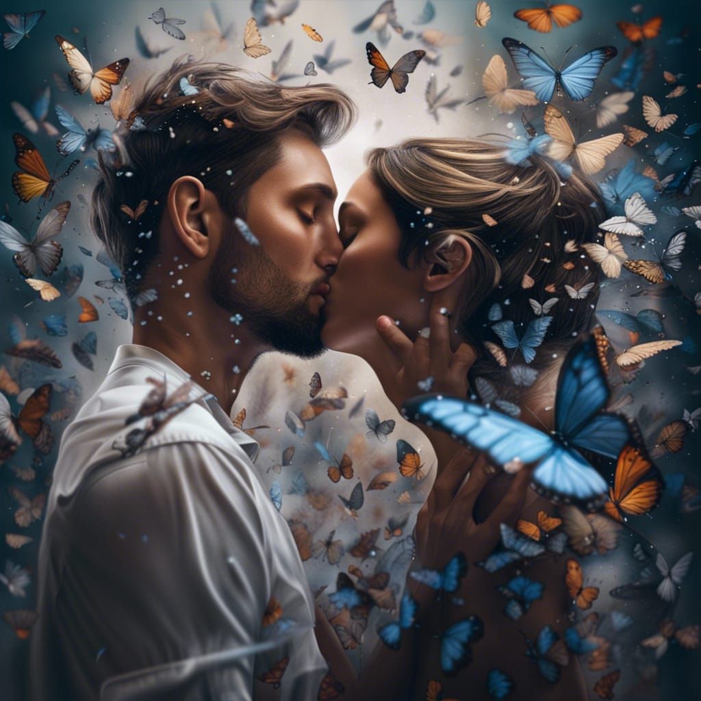 Tender Kiss in Butterfly Flight: Detailed Fantasy Art