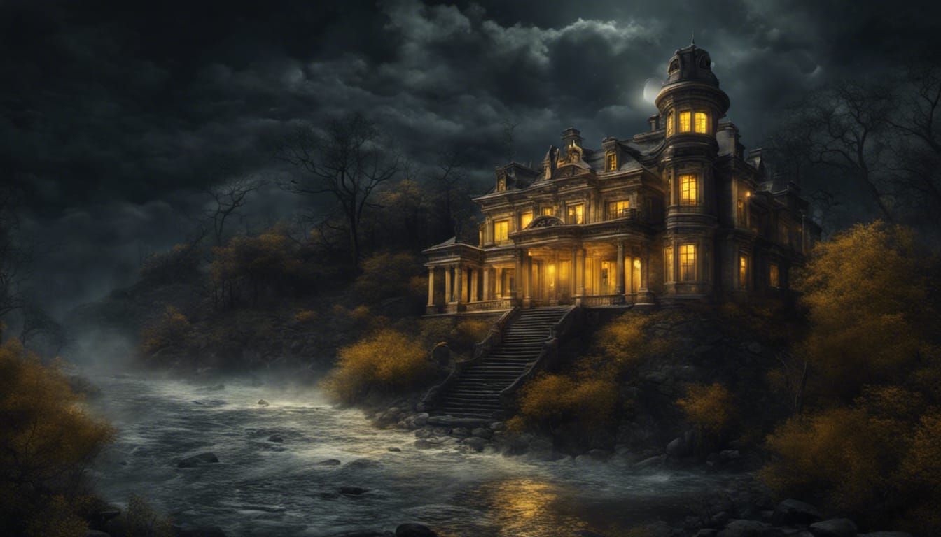 Eerie Mansion on a Hill at Night