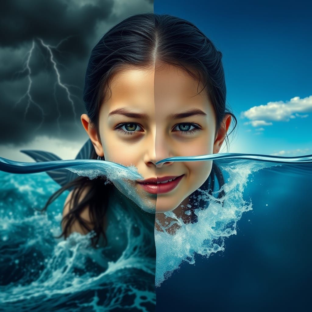 Girl Caught Between Turbulent Waters and Serene Bliss in a C...