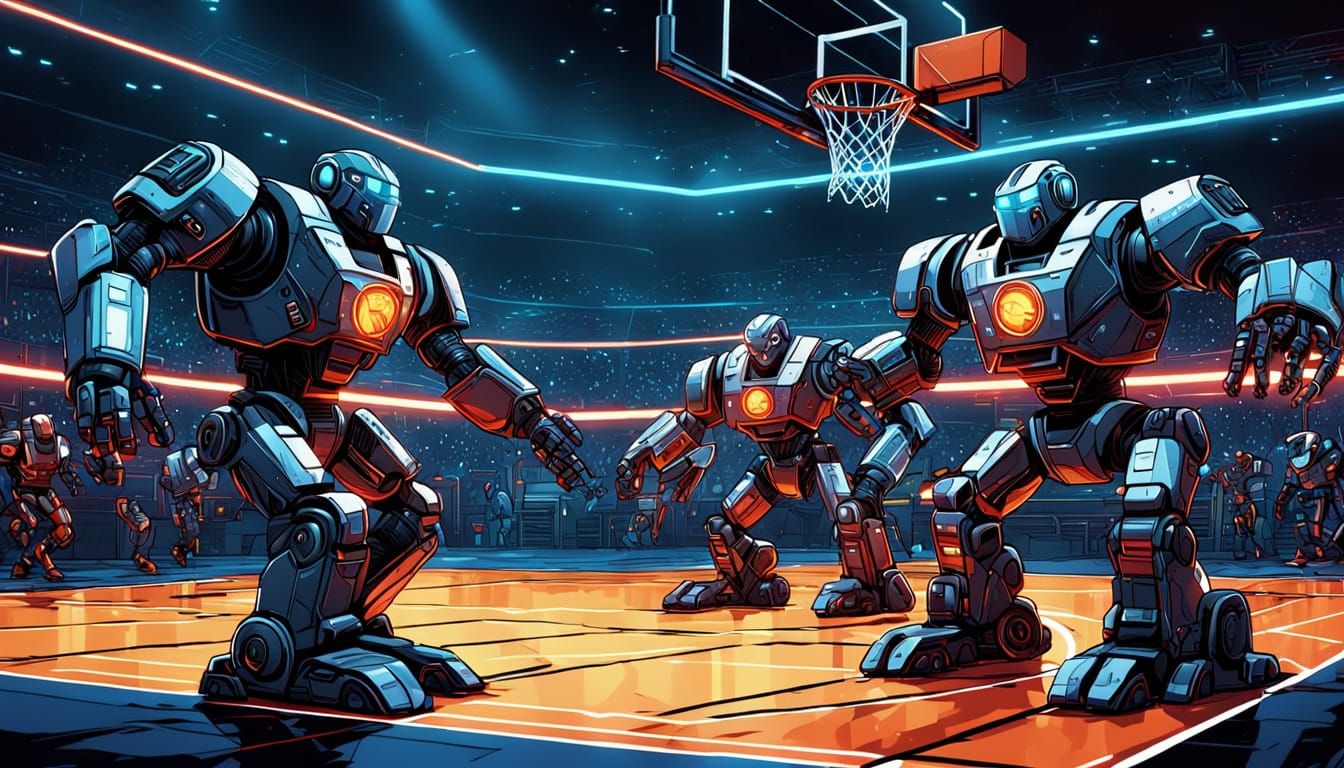 Battle Bots Tournament on Basketball Court: Comic Art