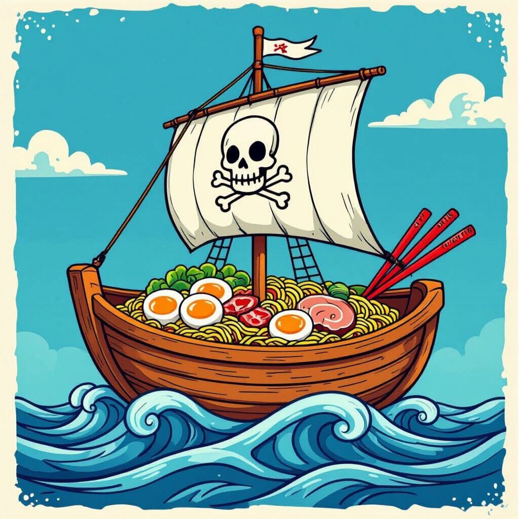 Whimsical Ramen Bowl Sailing Ship Cartoon Illustration