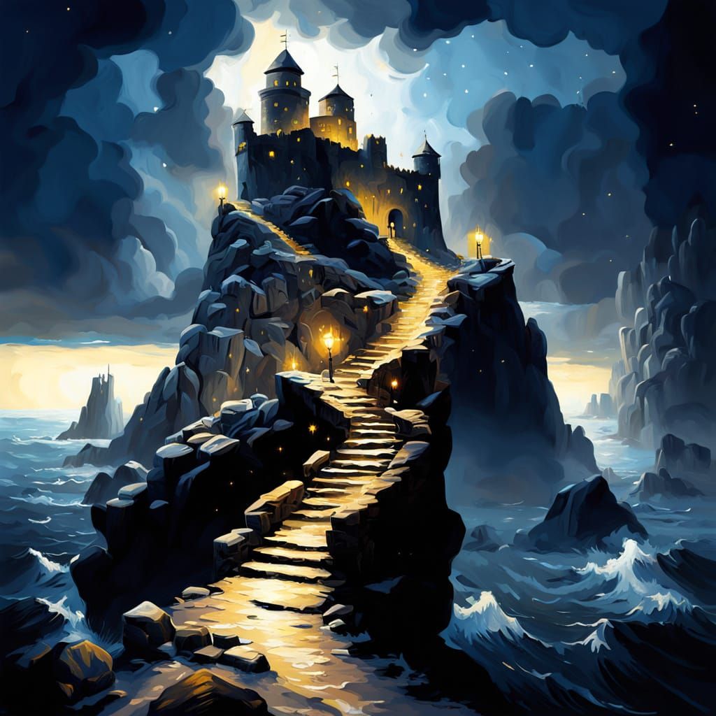 Fortress Island at Night: Oil Painting in Turner Style
