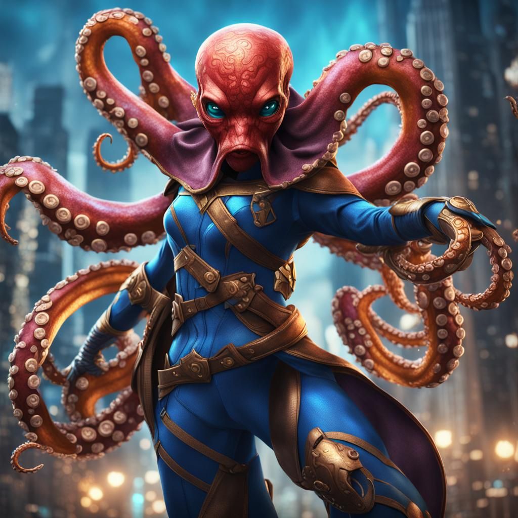 Female Octopus Superhero in Detailed Matte Painting