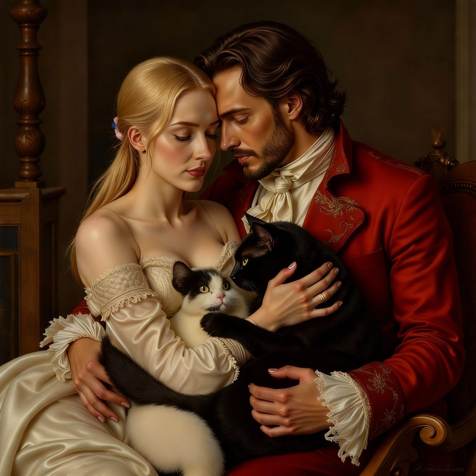 Blonde Maiden Hugs Cats with Red-Haired Gentleman