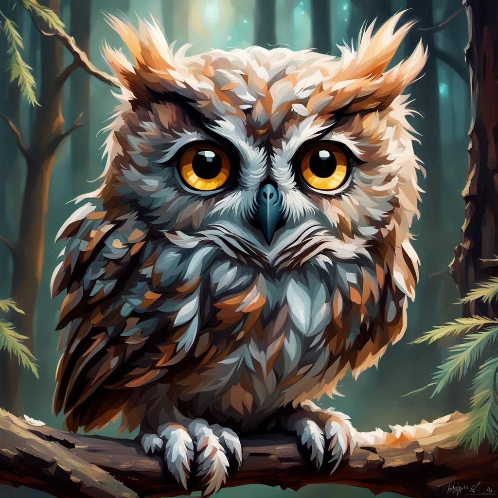 Cute Fluffy Owl in Magical Forest: Soft Painting