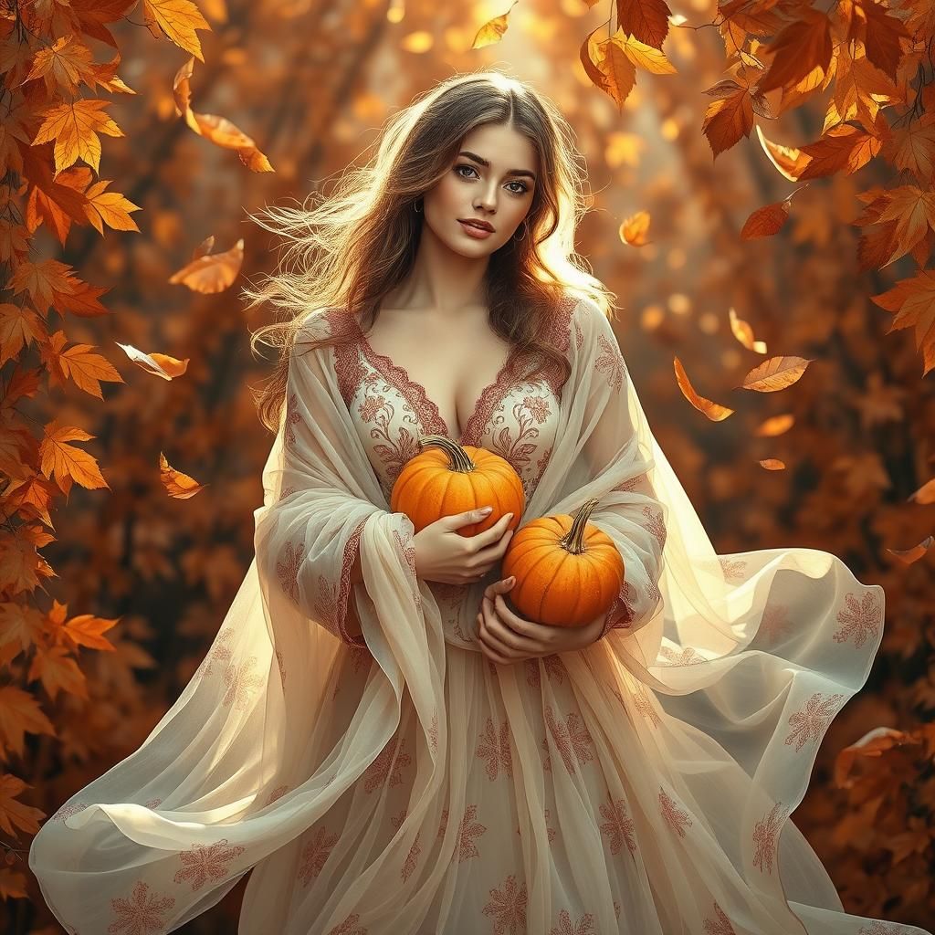 Autumn Model with Pumpkins in Romantic Style